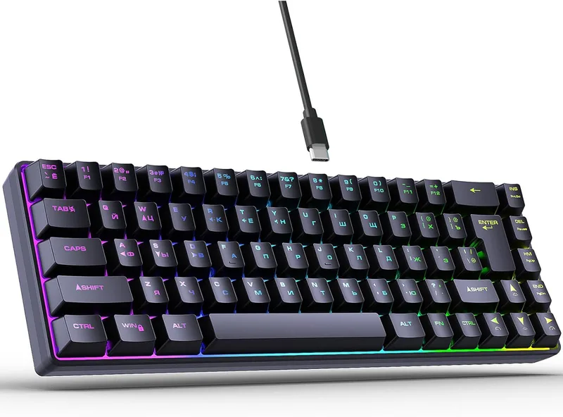 Annadue 68 Key Russian English Gaming Keyboard, RGB Backbellyst Mechanical Feel -tangentbord med 18 Belysningslägen, USB -kopplade för PC -spelare (Vi