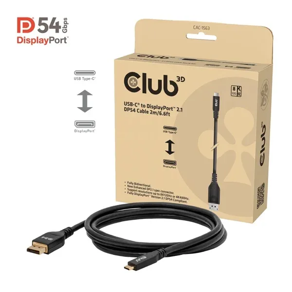 Club3D CAC-1563 USB-C till DisplayPort 2.1 DP54 dubbelriktad kabel 8K120Hz 2 m