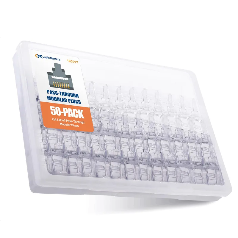 Cable Matters 50-pack Cat6 Pass-Through RJ45-kontakter, 50µ guldpläterade – RJ45 modularpluggar/Ethernetkontakter för solid eller flertrådig UTP Cat6-kabel