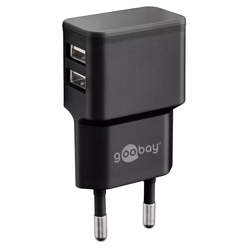 goobay USB-laddare 12 W, 2-port strömförsörjning med dubbel USB-A, laddningsadapter för uttag, för iPhone, Samsung, hörlurar, smartklocka, reseladdare