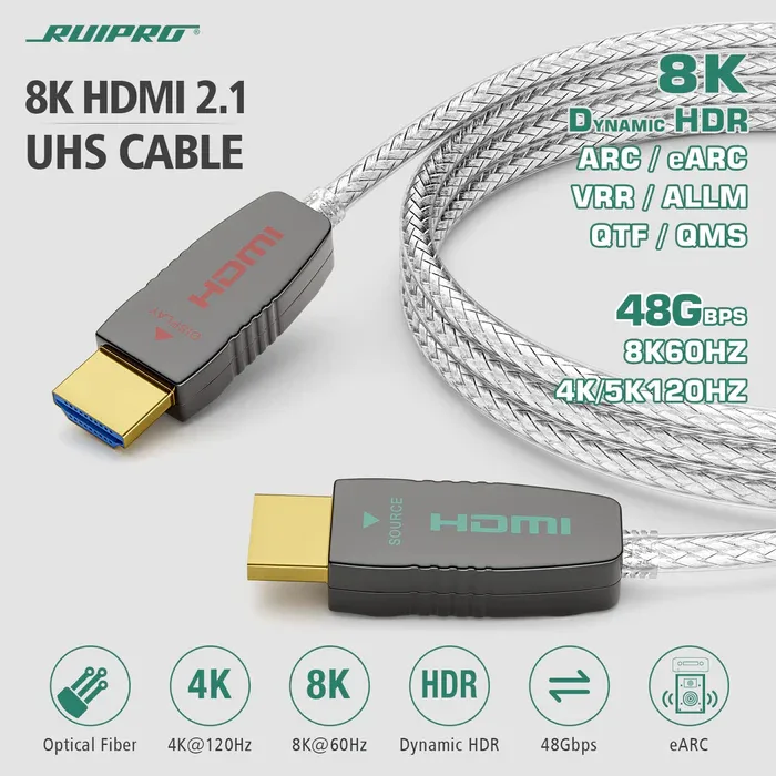 RUIPRO 8K HDMI fiberoptisk kabel 15m HDMI 2.1 48Gbps 8K@60Hz 4K@120Hz Dynamic HDR/eARC/HDCP 2.2 / 3D Slim Flexibel för HDTV/Projektor/Hemmabio/TV Box/