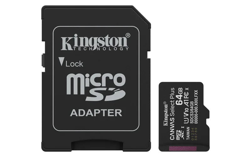 Kingston Canvas Select Plus microSD-minneskort 64 GB micSDXC Gen3 100R A1 enpack med/ADP – SDCS3/64GBSP