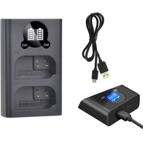 vhbw Micro-USB + Dual USB-C laddare kompatibel med Panasonic DMW-BLK22, DMW-BLK22E kamera + Micro USB-kabel + LED