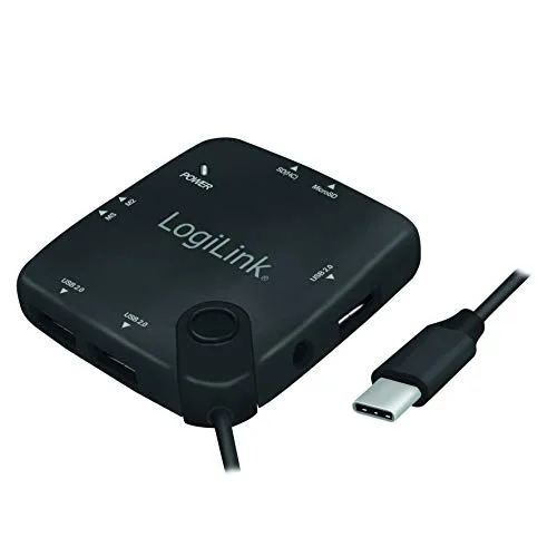 LogiLink USB 3.2 (Gen2) 2-portars hubb med kortläsare för microSD- och SD-kort, aluminiumhölje med skyddskåpa