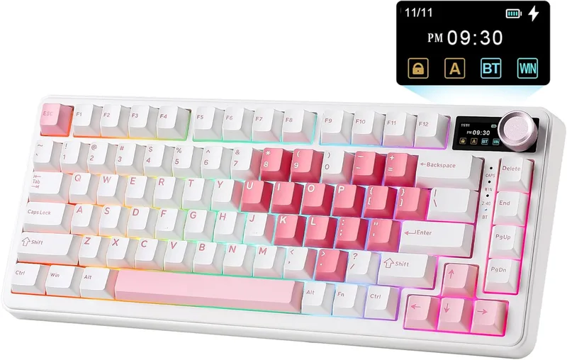 YUNZII B75 PRO MAX trådlöst mekaniskt tangentbord, 75 % layout vitskärm och vred, anpassad hotswap-packning, krämiga förlubade strömbrytare, Bluetooth