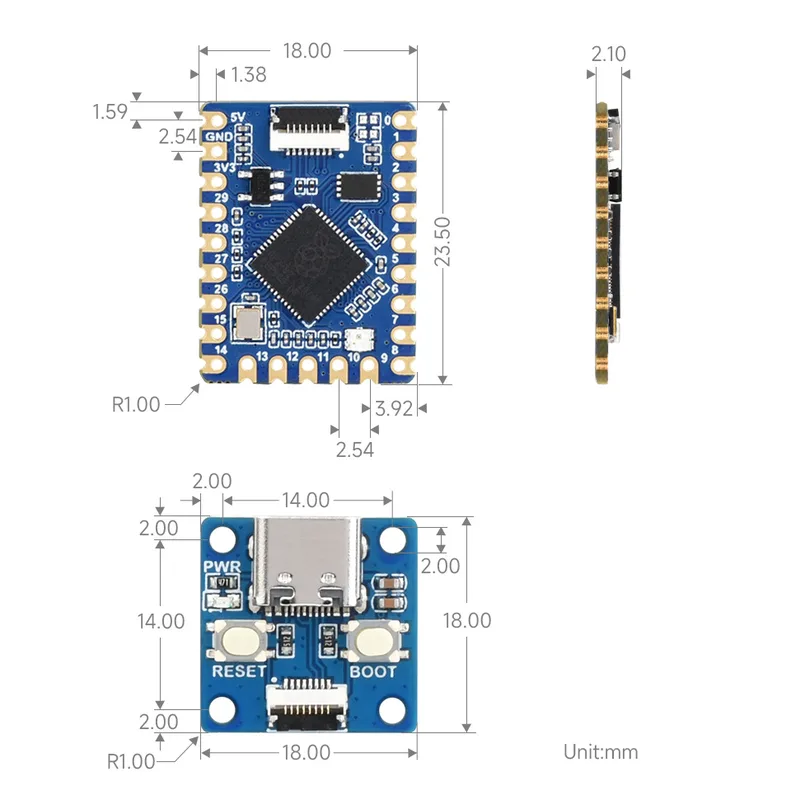 Waveshare RP2040-Tiny mini utvecklingstavla kit baserad på