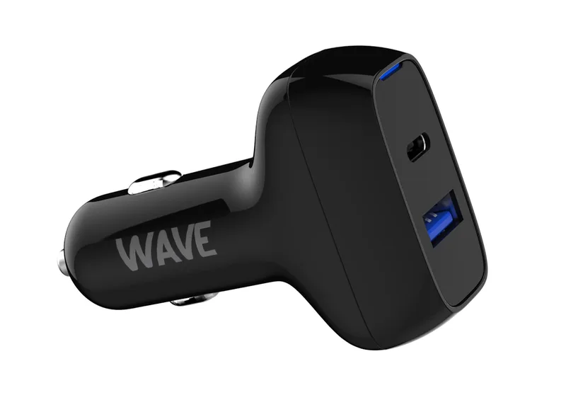 Wave Billaddare, 1 x USB Typ-C + 1 x USB-A 18W+18W, Svart