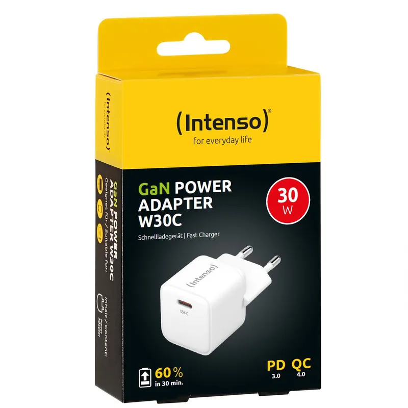 Intenso Power Adapter W30C GaN, USB-C strömförsörjning med 30 watt och GaN-teknik, vit