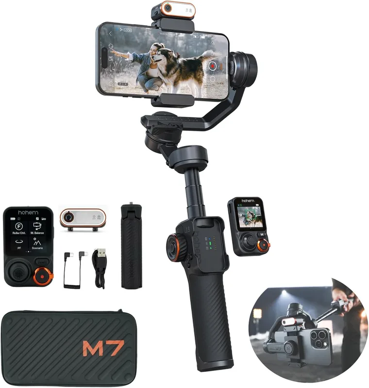 hohem iSteady M7 Smartphone-stabilisator, magnetisk spårare AI CCT/RGB-påfyllningsljus, 1,4 tum avtagbar fjärrkontroll och pinne, nyttolast 500 g, gim
