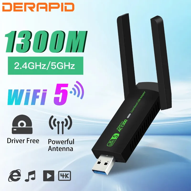 Trådlös Nätverkskortadapter, 1300Mbps 2.4G 5G Dual Band 1300Mbps USB 3.0 WiFi-adapter, High Gain Dual Antenn, Kylflänsdesign, för WindowsXP/7/8/8.1/10