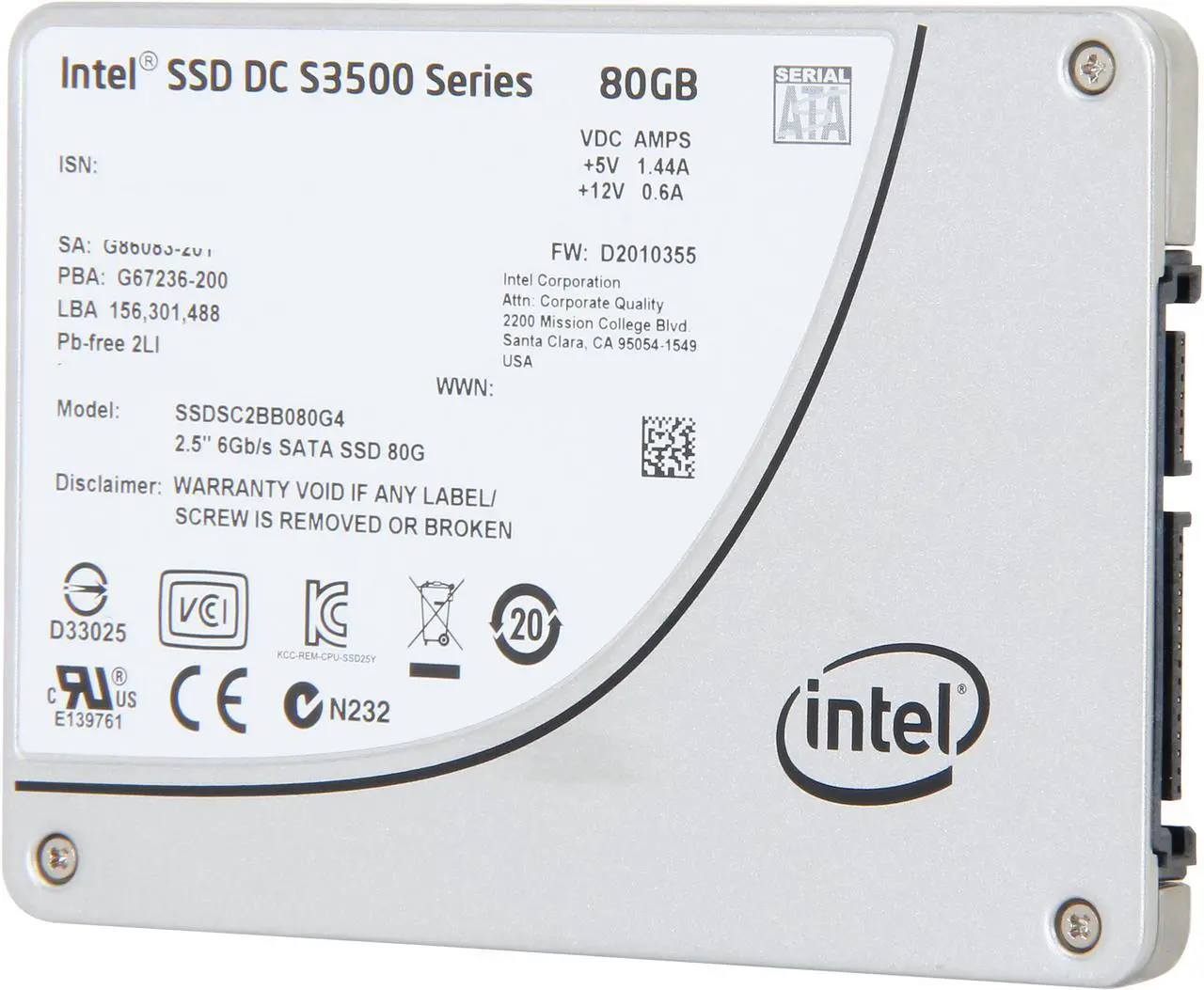 Intel SSDSC2BB080G401 DC S3500-serien intern SSD