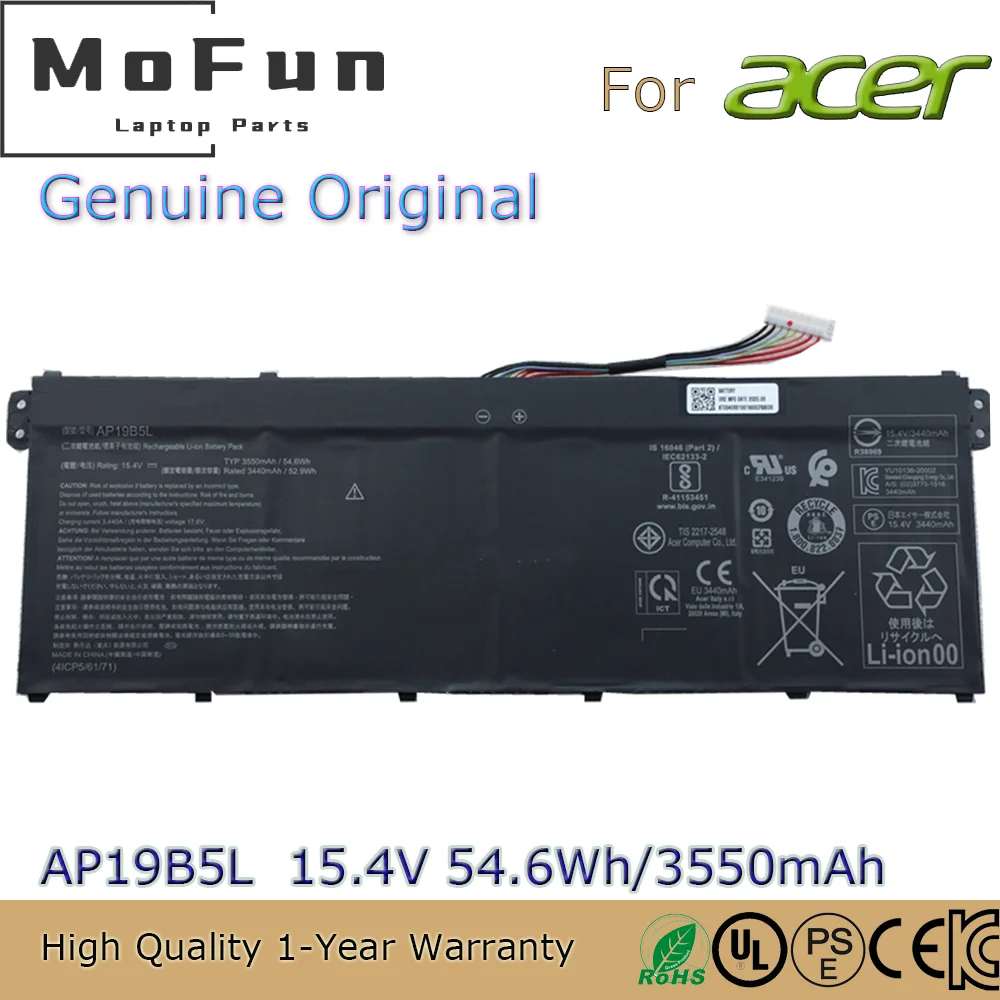 15,4 V 54,6 WH AP19B5L laptopbatteri kompatibelt med Acer Aspire Vero AV15-51 Spin 3 SP314-21N Swift S40-52 TravelMate P2 TMP214-41 P214-41