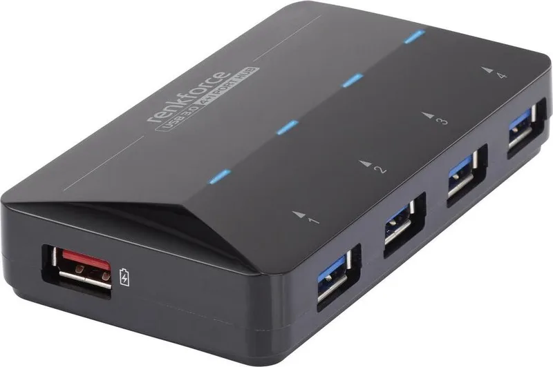 Renkforce RF-3806031 USB-hubb 4 Port USB-A USB 3.0 5 GBit/s med snabb-laddning, med status-LED Svart
