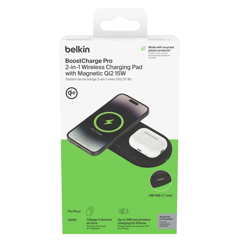 Belkin BoostCharge Pro trådlös 2-i-1 laddare med Qi2 15 W