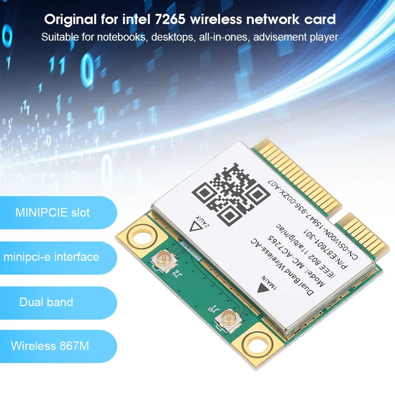 Mini PCIE Card MC-AC7265, Trådlöst WLAN-kort, Nätverksadapter, Dual Band 2.4G/5G Bluetooth WiFi för Laptop PC 8 10