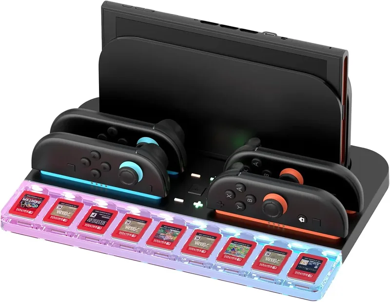 Organiseringsstativ för Switch 2-konsol, multifunktionell laddningsstation med RGB-belysning för NS2-kontroller och headset