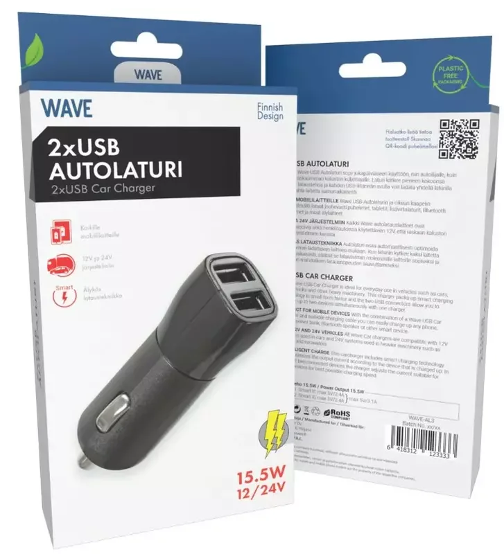 Wave billaddare, med två USB-kontakter, 3,1 A