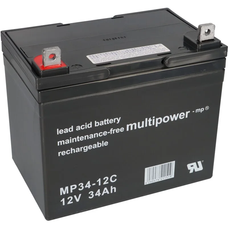 Multipower MP34-12C 12 V 34 Ah AGM bly batteri cykelbeständigt för rullstolar, caddys och mycket mer