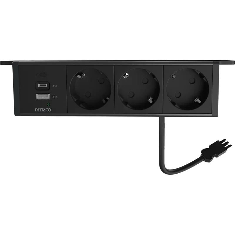 DELTACO infälld strömpanel, 3 uttag, 1x21W A+C USB-laddare, GST18, kedjning