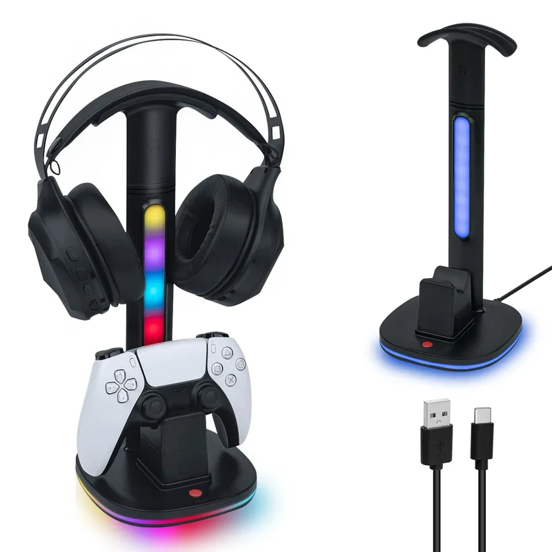 Svart RGB Headset Controller Stativ med Laddningsstation för PS5/PS5 Elite Controller