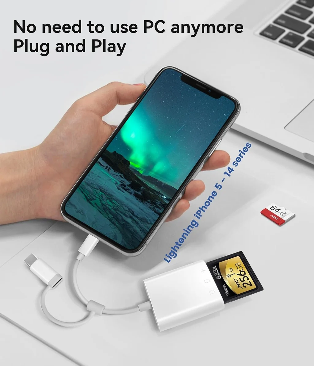 NÖRDIC kortläsare Lightning + USB-C + USB-A till SD, TF/microSD, USB-A, AUX och strömförsörjning