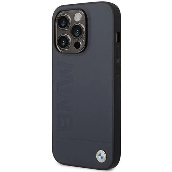 BMW Mobilskal till iPhone 14 Läder Stamp Blue Lines