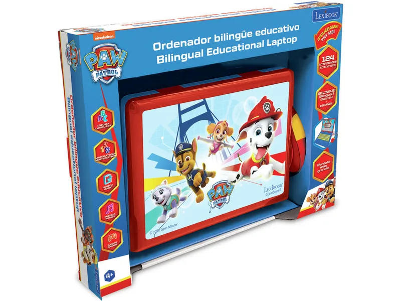 LEXIBOOK Paw Patrol-pedagogisk och tvåspråkig Notebook spanska/engelska leksak för barn med 124 aktiviteter för lärande, lek och musik med Chase och M